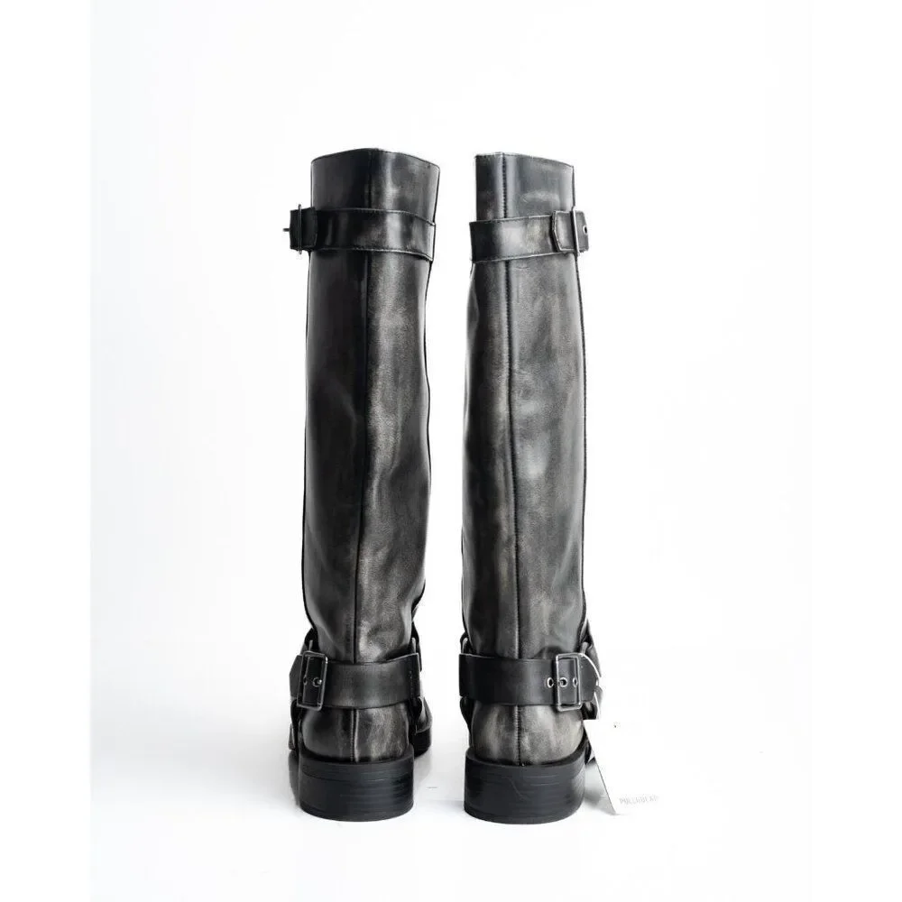 Pull&Bear Womens Leather Biker Boots Knee High Buckles EU 41 US 10 Gray distress